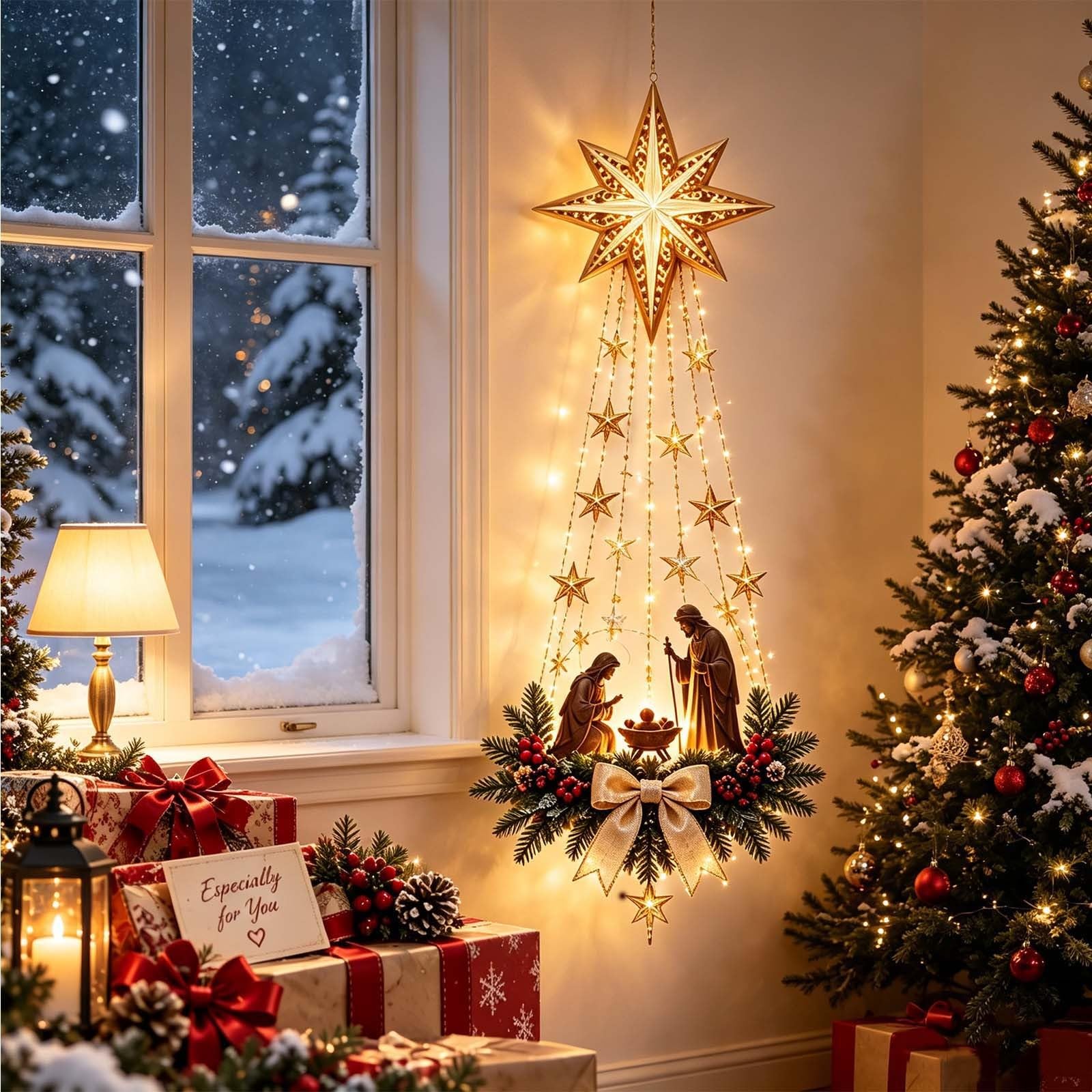 Angel Blessing Wall Light, Cascading Christmas Wall Light with Glowing Stars, LED Holiday Wall Decor, Heavenly Warm Night Light, Guardian Angel Decoration for Bedroom Home, Gift for Women (B)