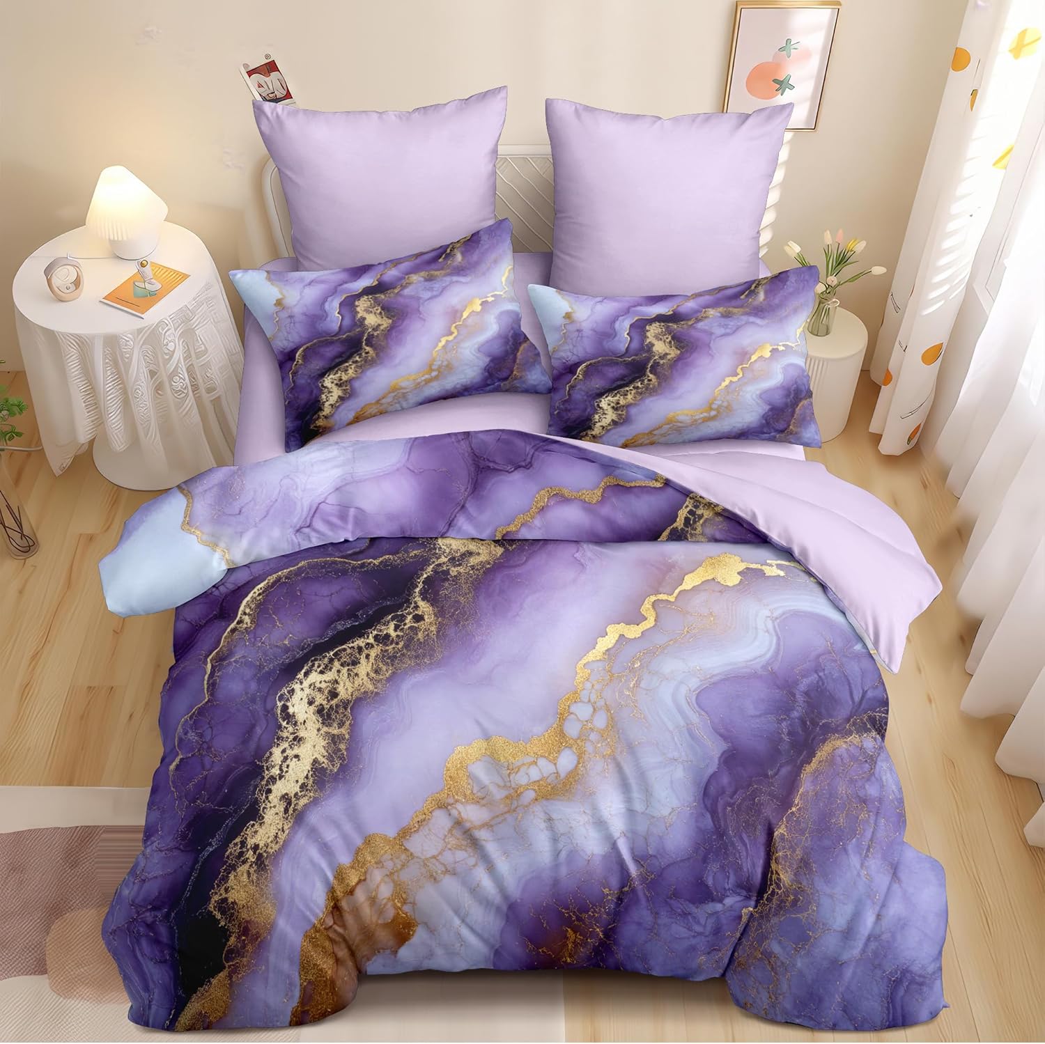 Nayoroom Purple Marble Comforter Set Queen Size Metallic Gold Marble Comforter 3 Pcs Kids Girls Geometric Cottagecore Bedding Set for All Seasons (1 Comforter, 2 Pillow Shams)