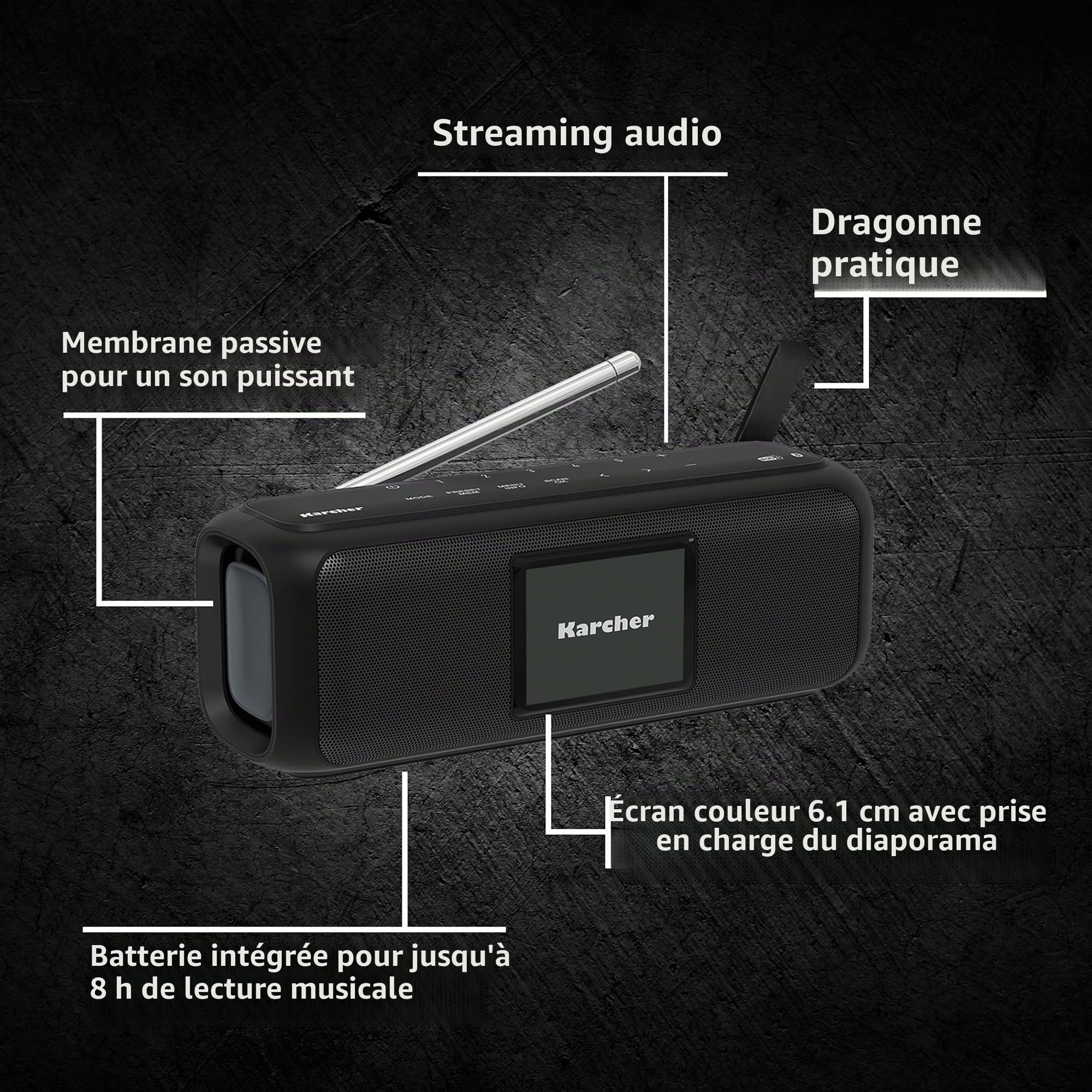 Karcher Dab Go Haut-Parleur Bluetooth Portable et Radio numérique Dab+/FM avec écran Couleur 2,4" / réveil/Son stéréo 5 W/USB C/Batterie Noir