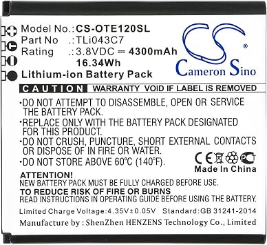 Cameron Sino Battery for Alcatel EE120 PNAlcatel TLi043C7 4300mAh / 16.34Wh
