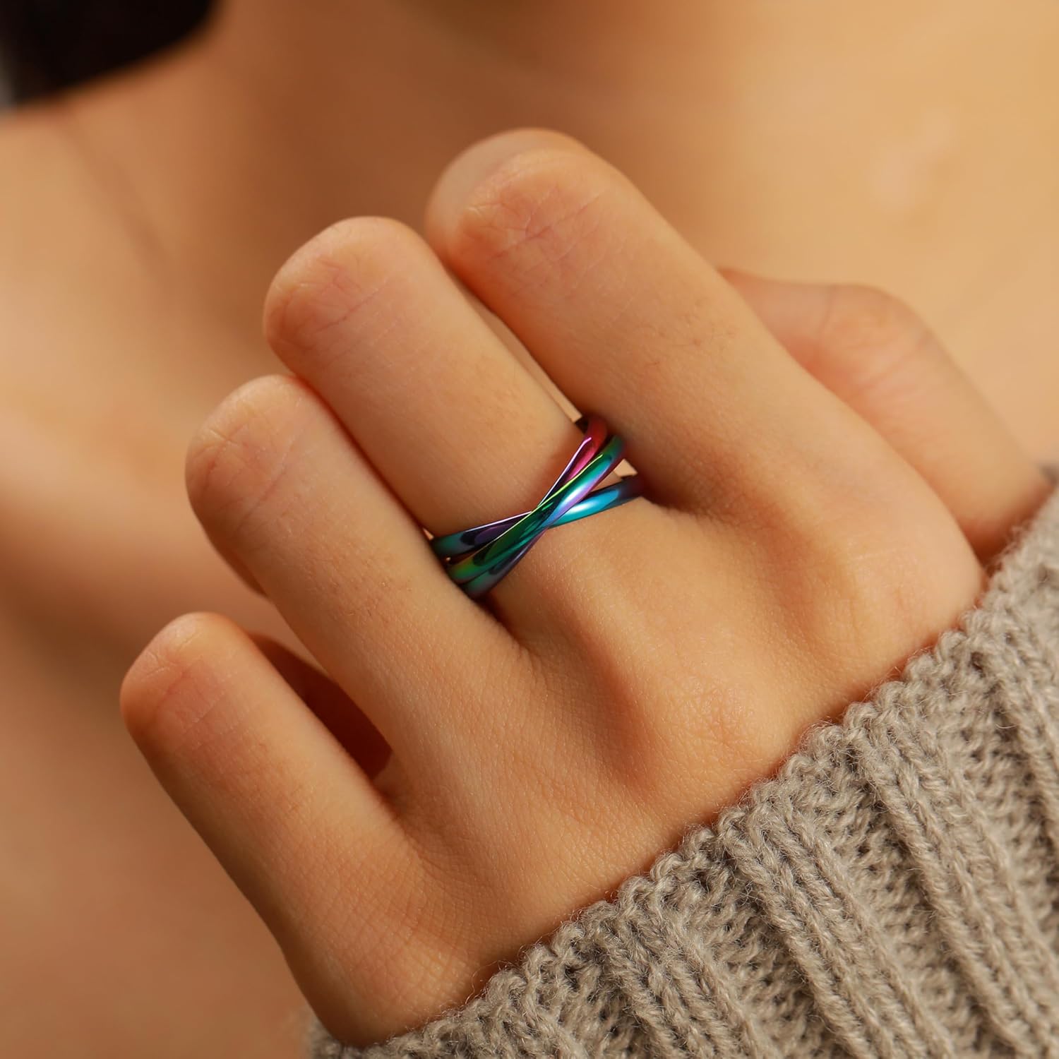 14K Gold Plated Interlocking Fidget Anxiety Ring 925 Sterling Silver Stackble Rings for Women Men Rolling Triple Spinner Ring Minimalist Trendy Knuckle Rings Jewelry Birthday Graduation Gifts