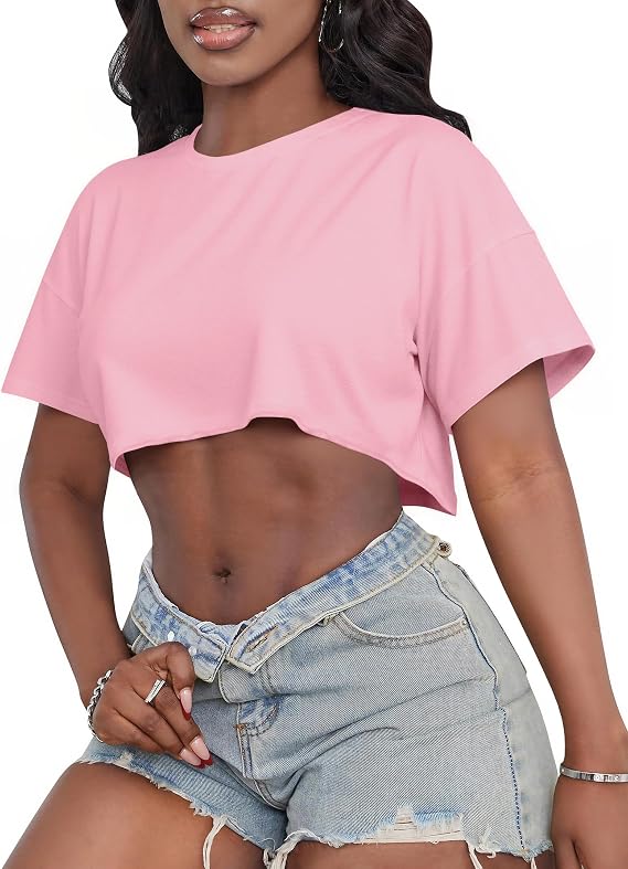 Crop Tops for Women Casual Short Sleeve T Shirts Summer Basic Top Crew Neck Oversized Cropped Tees 2026