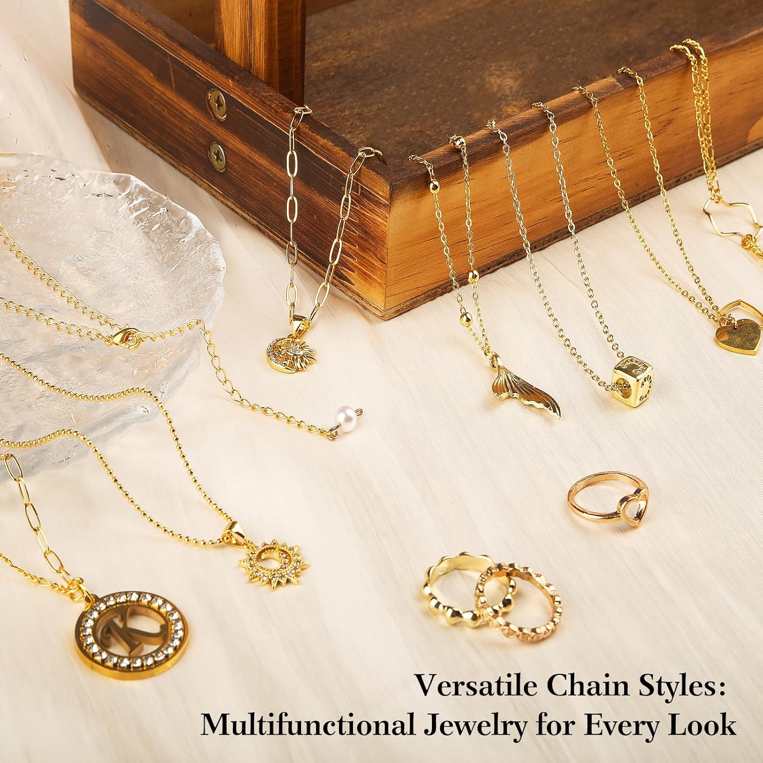 18k Gold Necklace Chains for Jewelry Making, 39.3 Feet 6 Rolls Bracelet Chains for DIY,6.5Feet Each Style, Gold Chain with Jump Rings/Lobster Clasps/Connectors