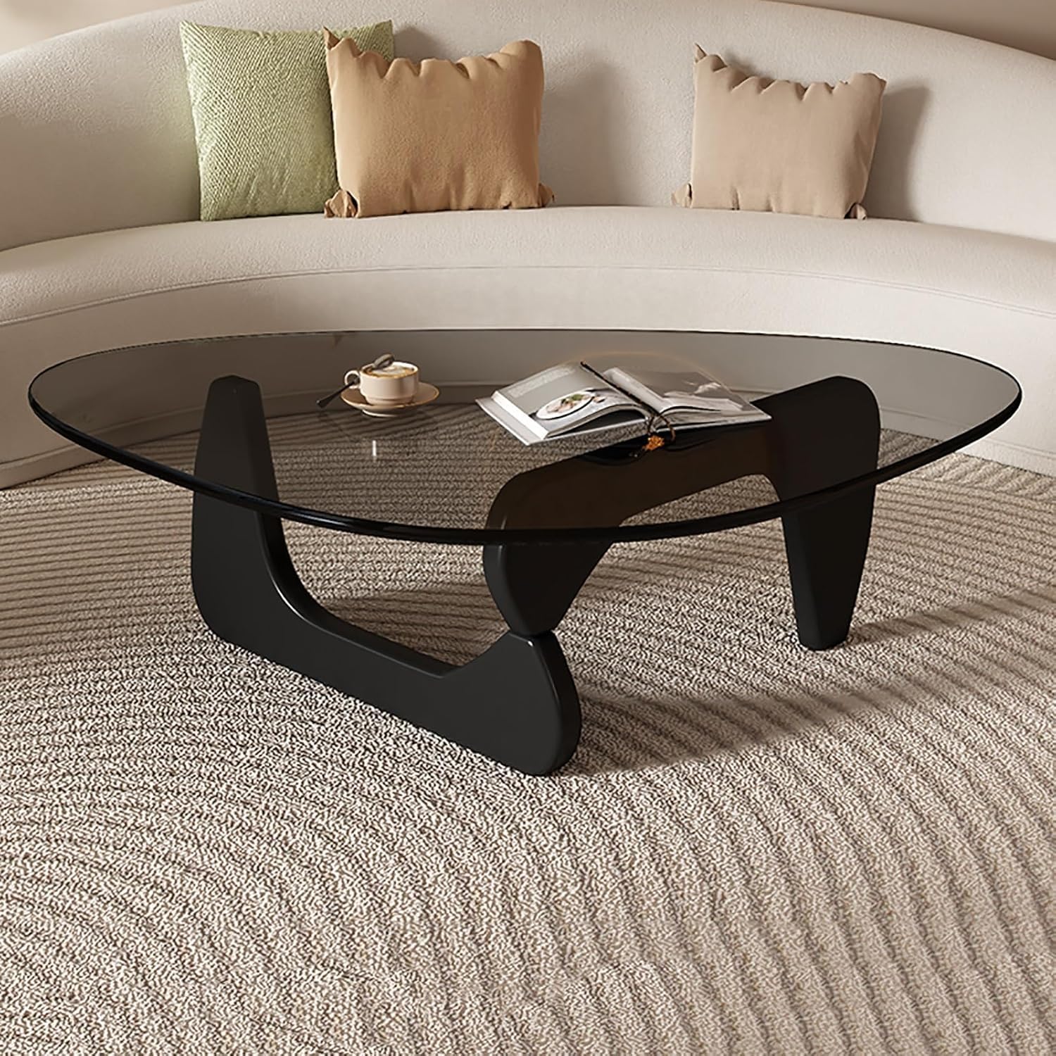 Triangular Glass Coffee Table with Solid Rubber Wood Legs Vintage Side Table with Tempered Glass Top Modern Cocktail
