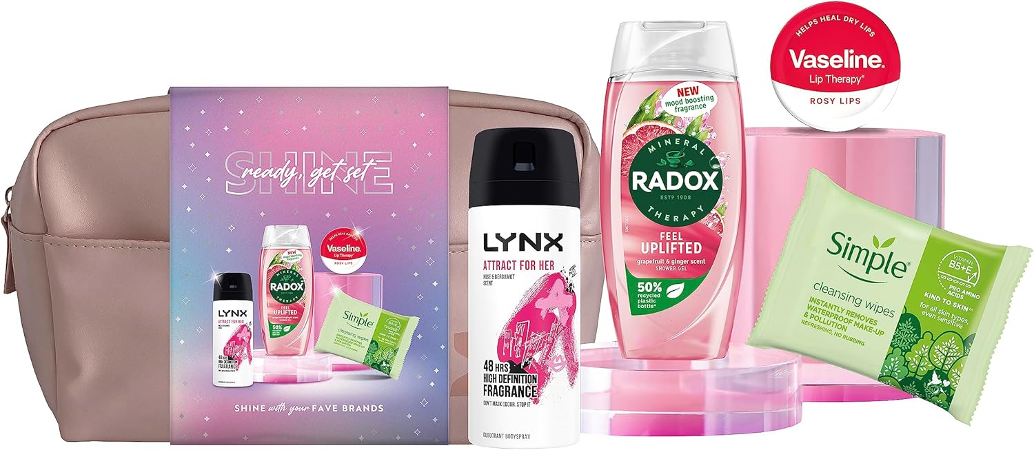 Ready Get Set Shine Deodorant Gift Set with RADOX Shower Gel, Simple Cleansing Wipes, Vaseline