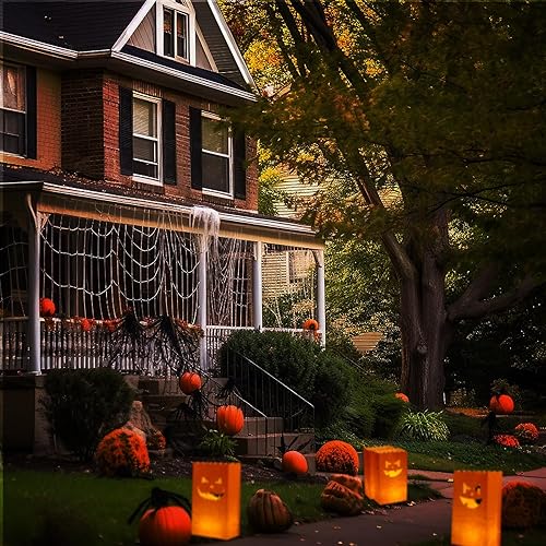 Miniatura 6 de Honoson Juego de 100 bolsas luminarias de Halloween con velas de luz LED, resistentes al fuego, bolsas de papel para velas, luminarias sin llama,