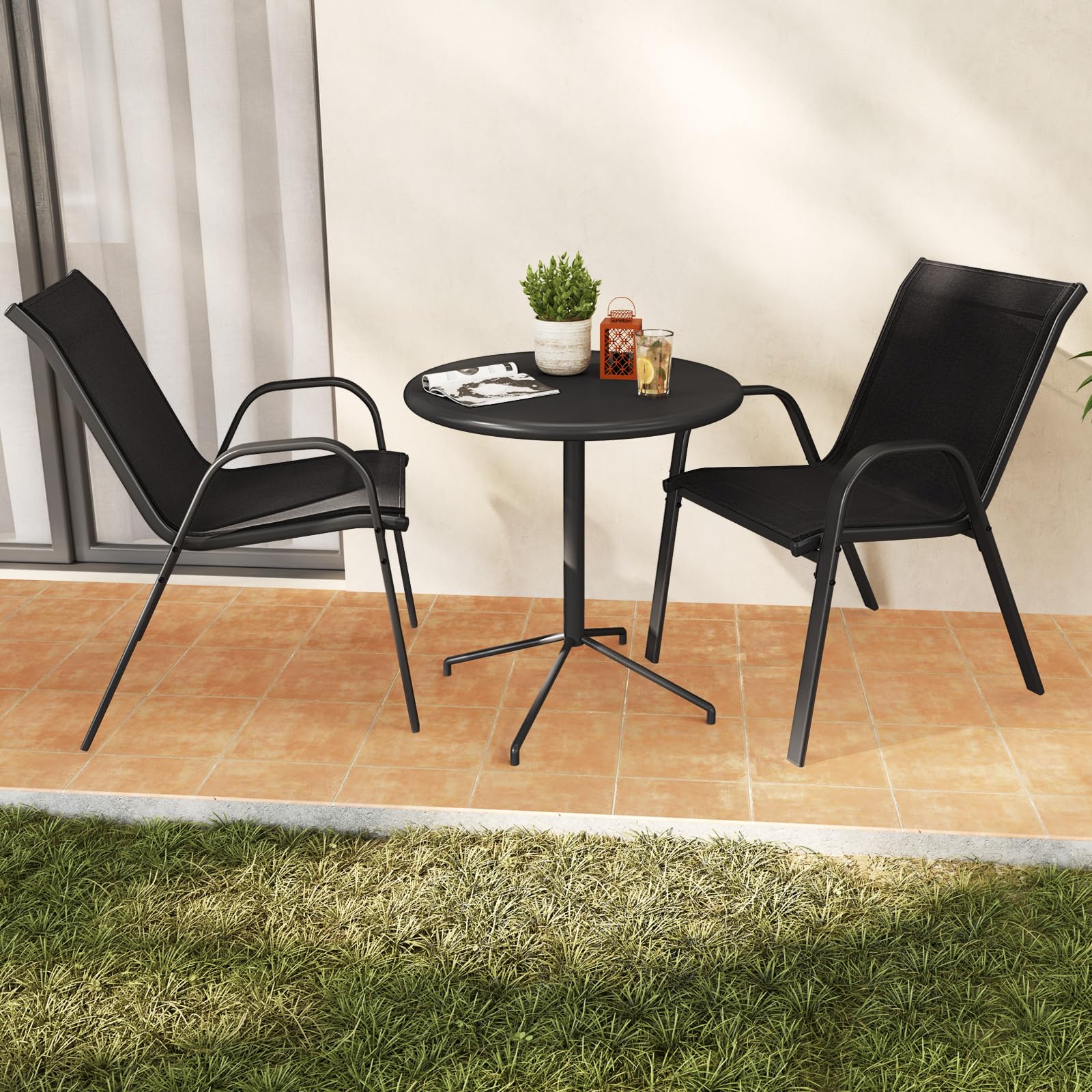 GIANTEX 4er Set Gartenstühle Stapelbar, Balkonstühle aus Textilene & Metall, Stapelstühle Hochlehner mit Armlehnen, Terrassenstühle Outdoor belastbar bis 150 kg (4, Schwarz, 56x70x84 cm)
