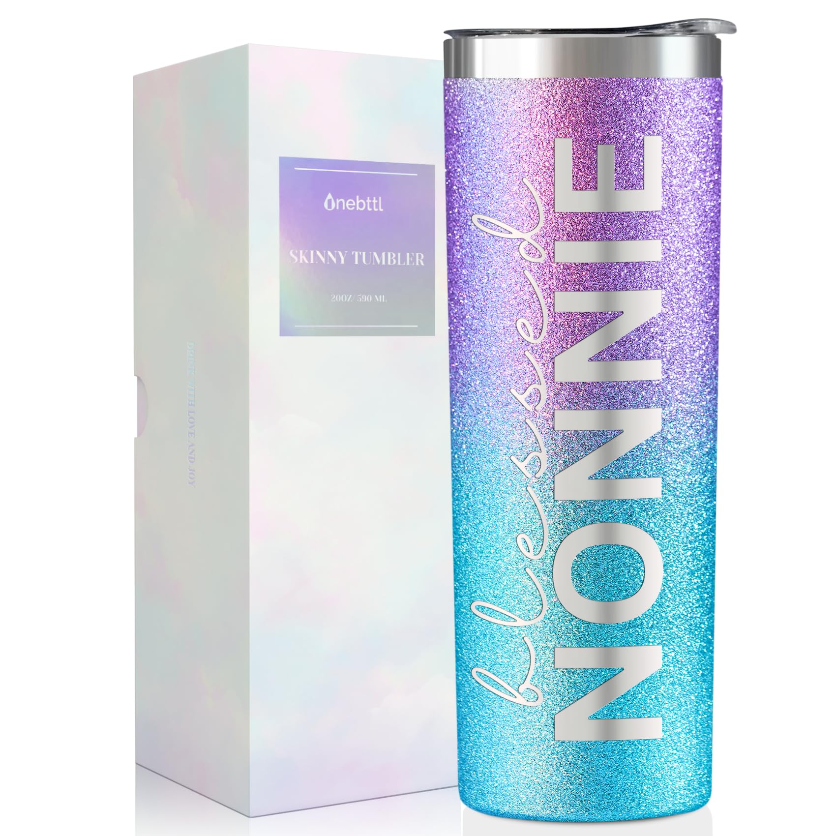 Onebttl Nonnie Gifts for Grandma's Mother's Day, 20oz Purple & Blue Glitter Skinny Tumbler, Straw & Lid Included, Christian Gifts for Blessed Nonnie