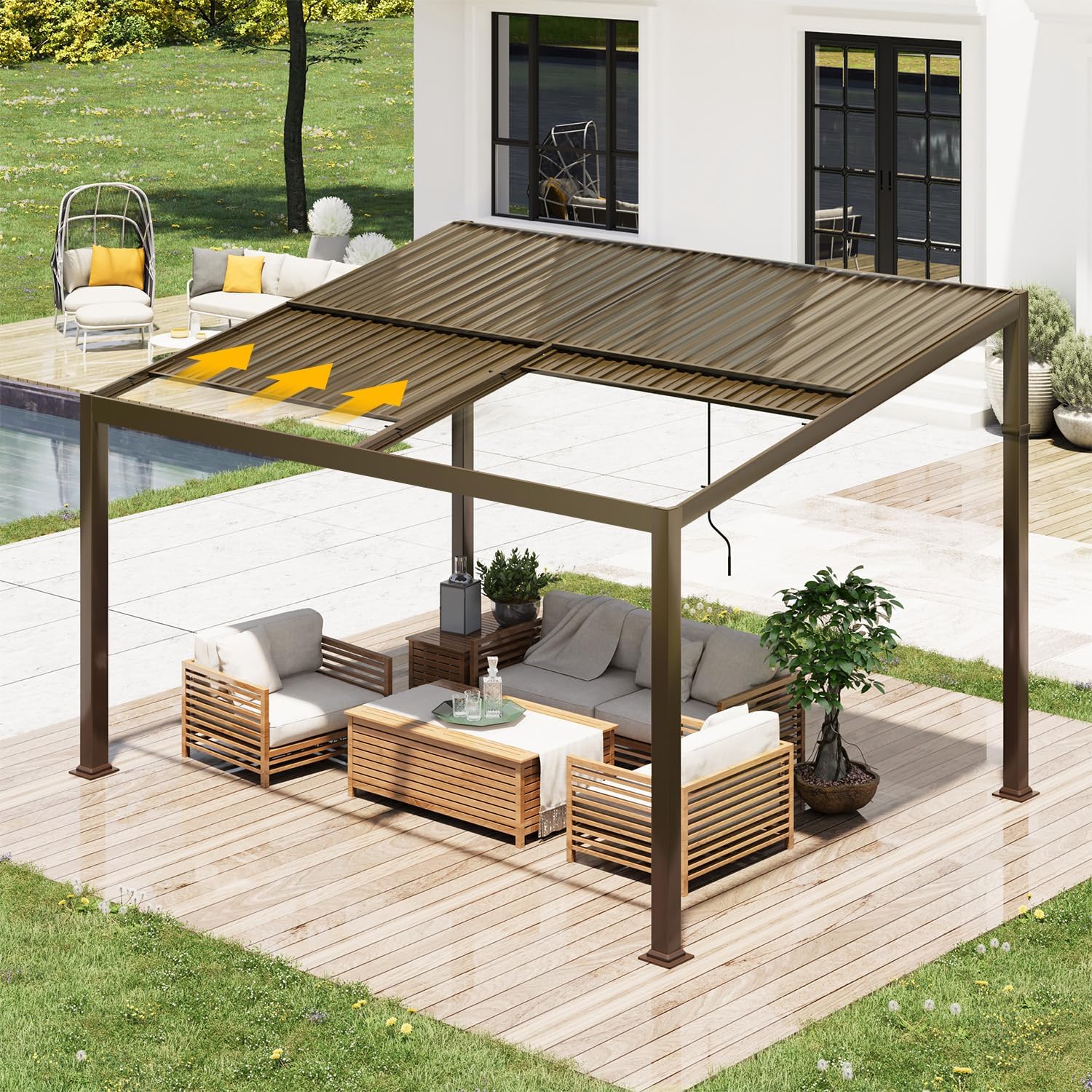 Gazebo roof showing sloped design and integrated gutters for efficient water drainage