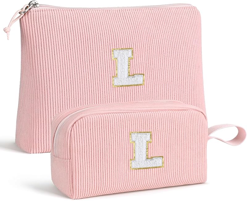 Gomens Conjunto com 2 necessaires de maquiagem em veludo cotelê com inicial, rosa