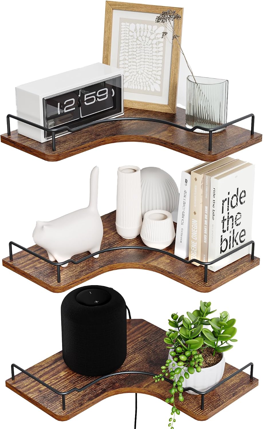 L-Shaped Corner Floating Shelves Wall Mounted Set of 3,Brown