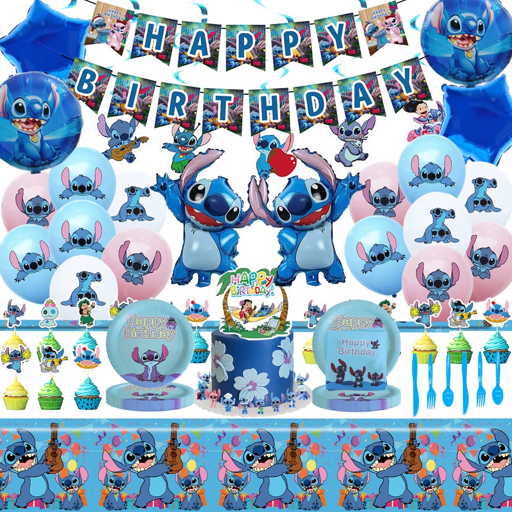 LEEKOUS Party Supplies for 20 Guests, Stiiitch Birthday Decoration include Stitch Balloons, Happy Banner, Hanging Swirls, Tablecloth, Plates, Cake Topper and Tableware