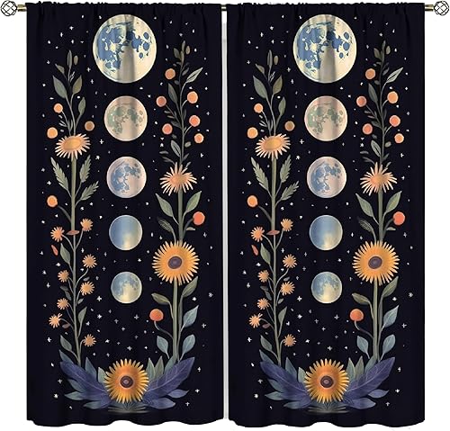 Miniatura 9 de Cortinas florales de luna negras y doradas, flores silvestres, fase de estrellas, luz de luna, jardín, estética, bohemio, vides, juego de
