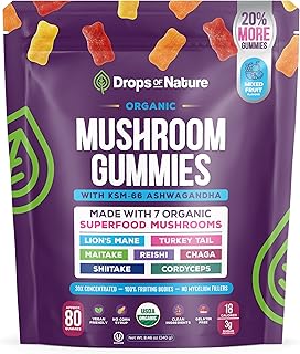 Drops Of Nature Ashwagandha Gummies & Lions Mane Mushroom Supplement – Turkey Tail, Maitake, Reishi, Chaga, Shiitake, Cordyceps – Organic & Low Carb Mushroom Gummies – Immune Wellness (80 Gummy Bears)