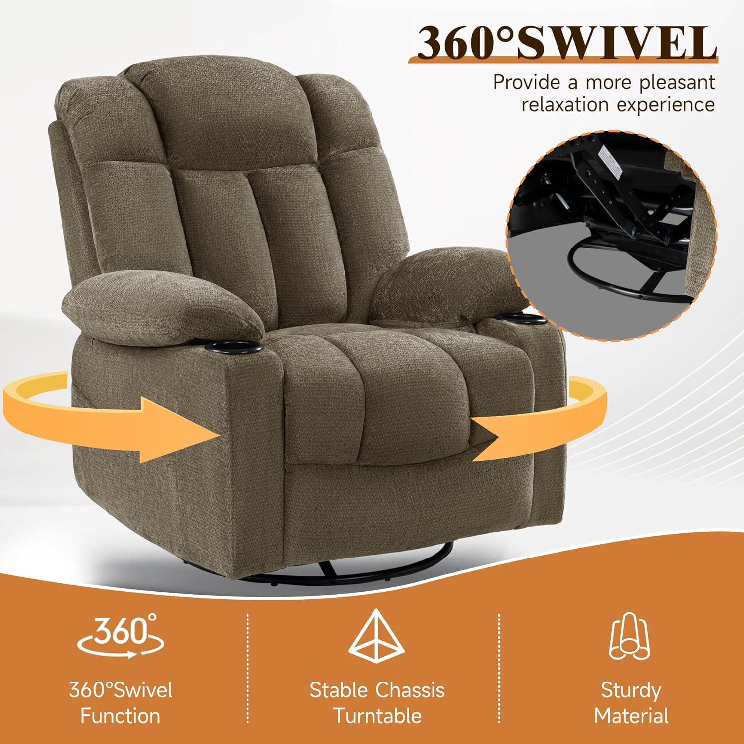 Swivel Rocker Recliner Chair for Adults – Manual Glider Sofa with Massage, Heat & Vibration, 360° Rocking for Living Room or Nursery (Light Brown, 30"x30"x40")