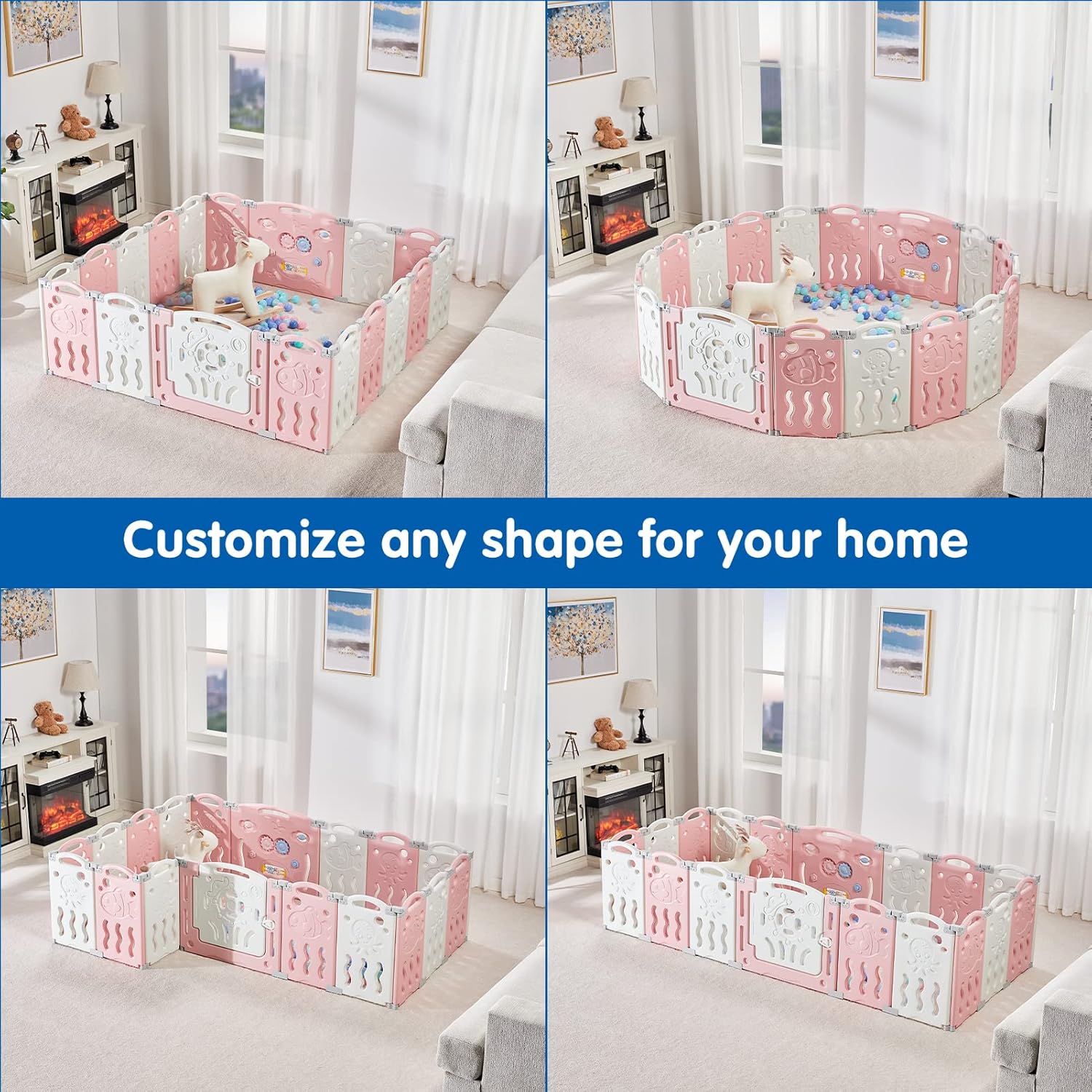 Albott Baby Playpen, Upgraded 18 Panels Foldable Baby Fence with Game Panel and Safety Gate, Adjustable Shape, Portable Play Yards for Children Toddlers Indoors or Outdoors (White+Pink, 18 Panel)