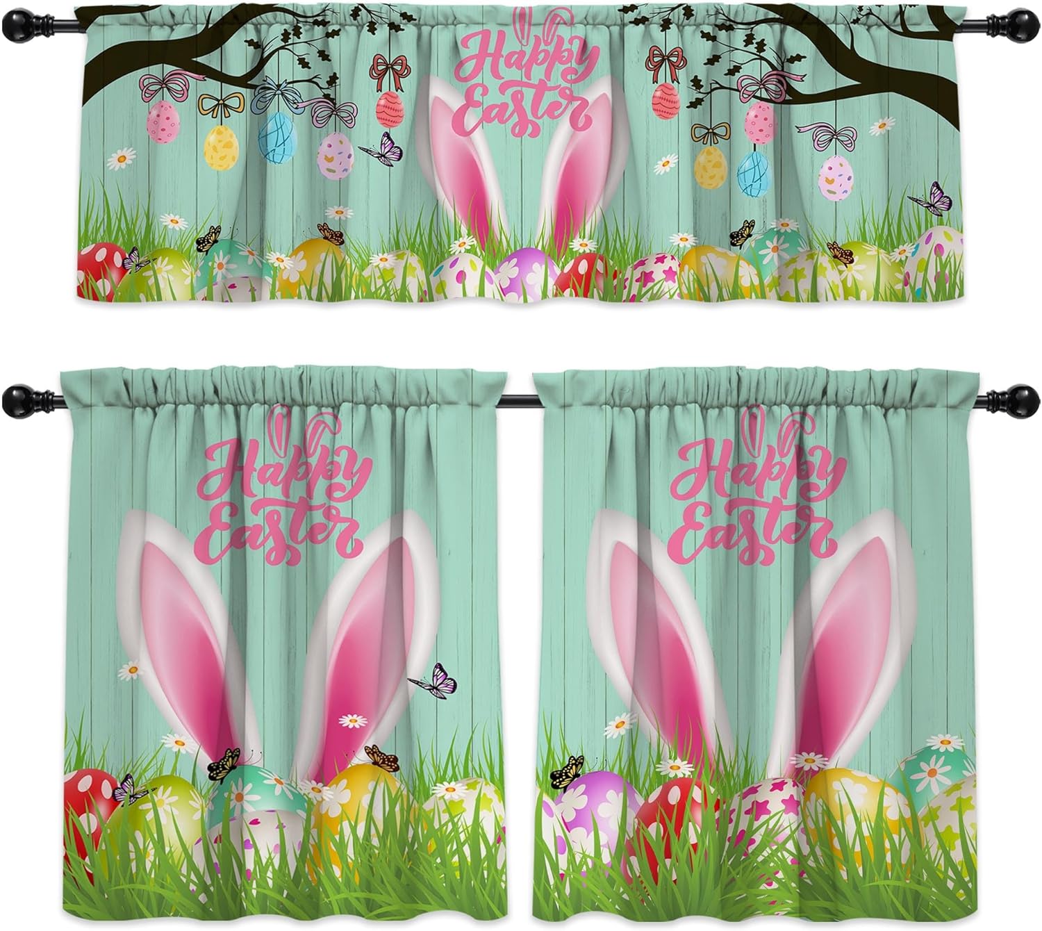 Easter Kitchen Curtains, Bunny Easter Decorations for the Home, Rod Pocket Window Curtains Tier and Valance Set for Kitchen Bedroom Living Room Decor, 54" x 18" Valance, 27" x 36" Tier, 3 Panel Set