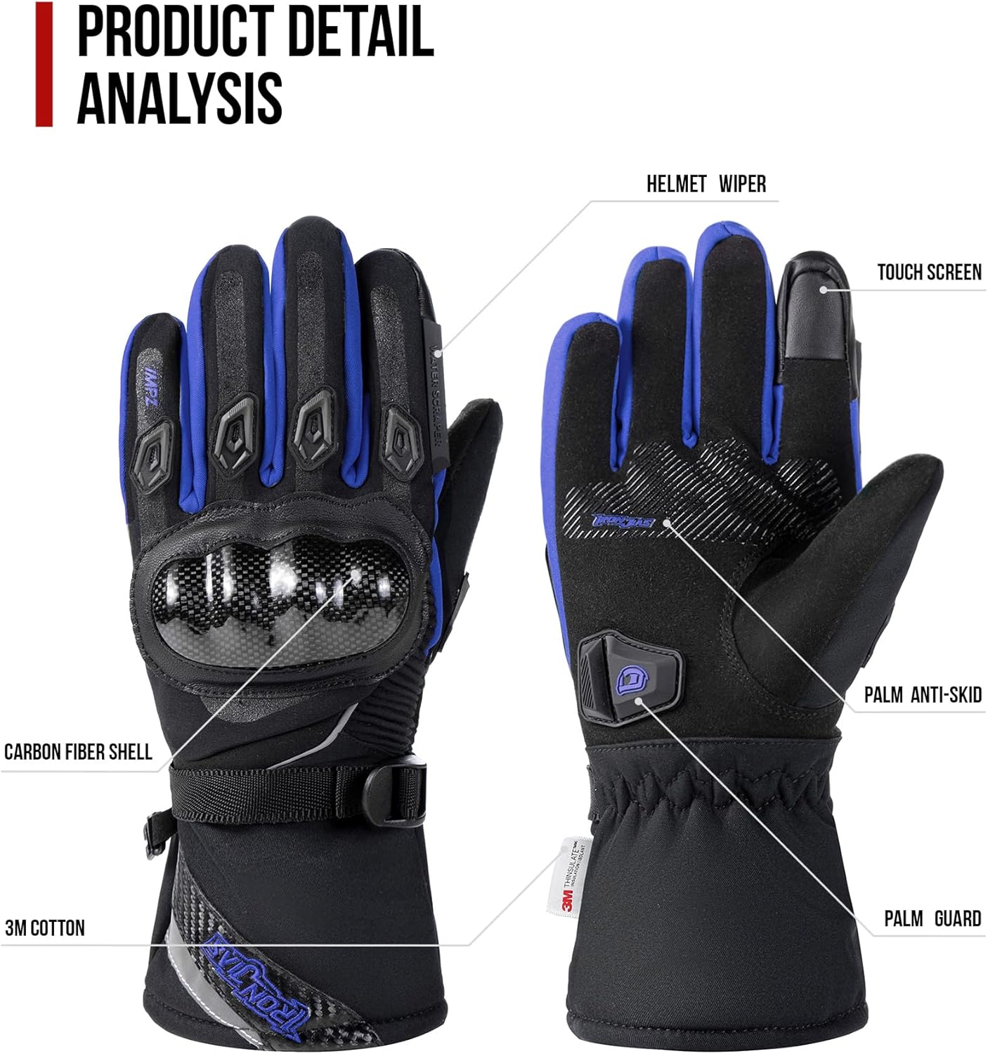 BORLENI Winter Motorcycle Gloves for Men, CE Level 1 KP Protection, Touchscreen Windproof Waterproof Warm Riding Gloves with Carbon Fiber Shell for Cold Weather - Image 5