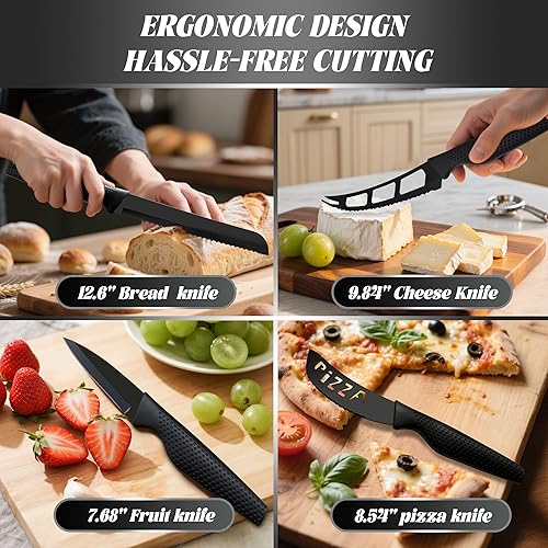 Miniatura 4 de Juego de 20 cuchillos de cocina con bloque, acero inoxidable alemán, apto para lavavajillas, mango antideslizante, color negro