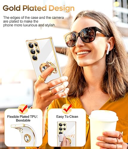 Miniatura 6 de LeYi Funda para Samsung Galaxy S22 Ultra con soporte de anillo giratorio de 360, soporte magnético, chapado en oro rosa, borde protector Galaxy S22
