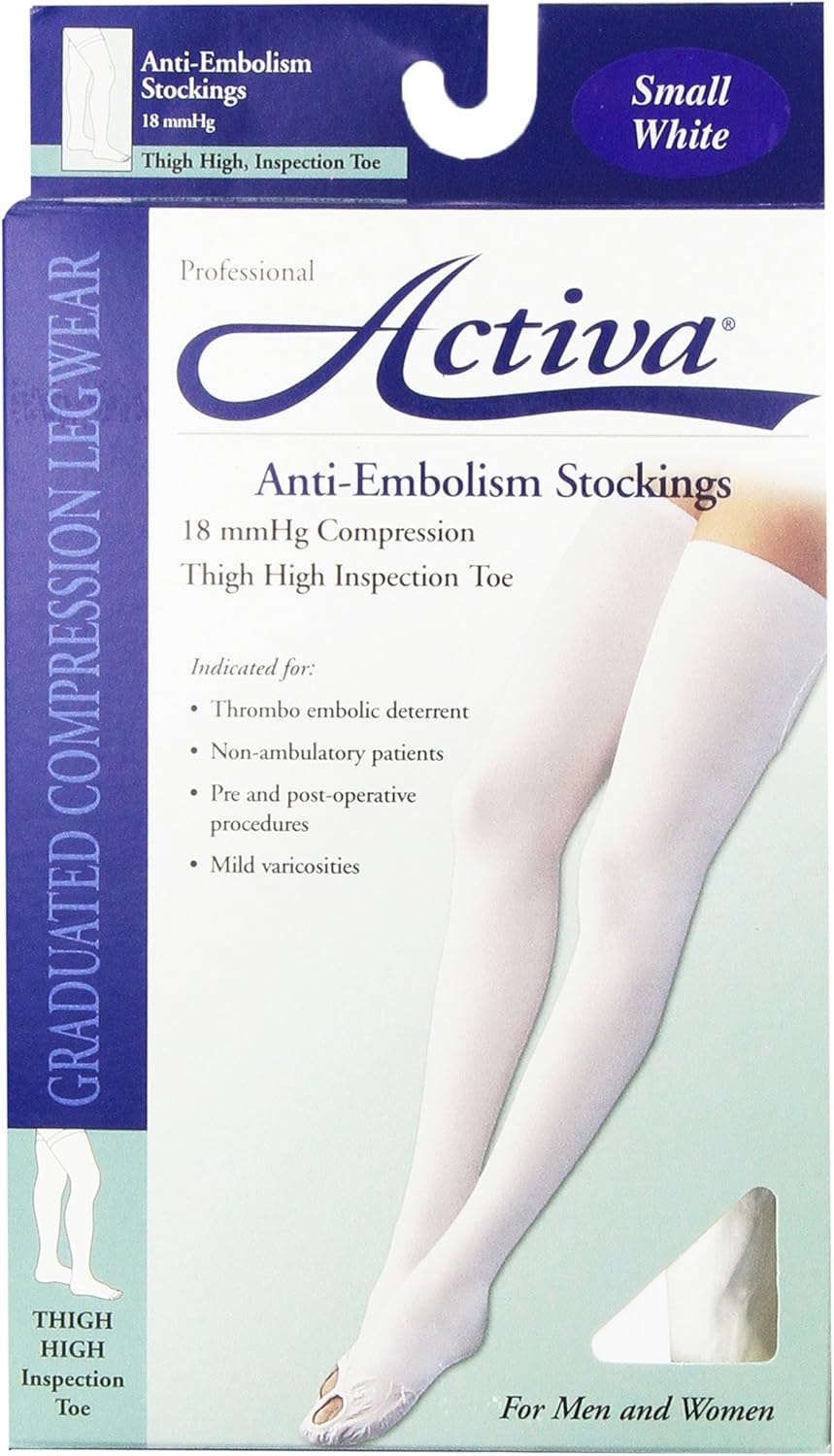 Activa Anti-EMB 18 mmHg Thigh High Inspection Toe Stockings, White, Small
