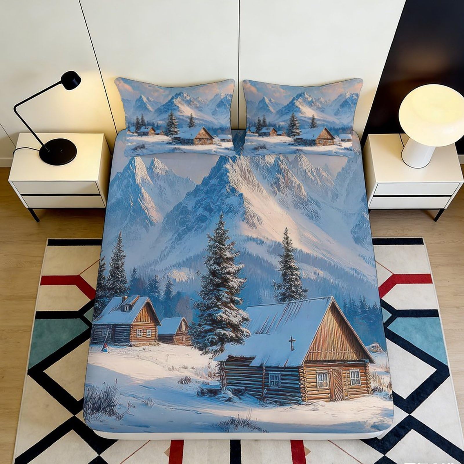 3D Printed Snowy Mountain Cabin Fitted Sheet Microfiber Deep Pocket All-Round Snow Scene Mattress Fitted Cover Non-Slip Bedding 200x200x25cm