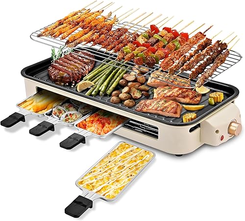 Miniatura 1 de Pukomc Parrilla eléctrica para interiores, 2 en 1 para cocina, con red de parrilla y placa extraíble antiadherente, control de temperatura, apto