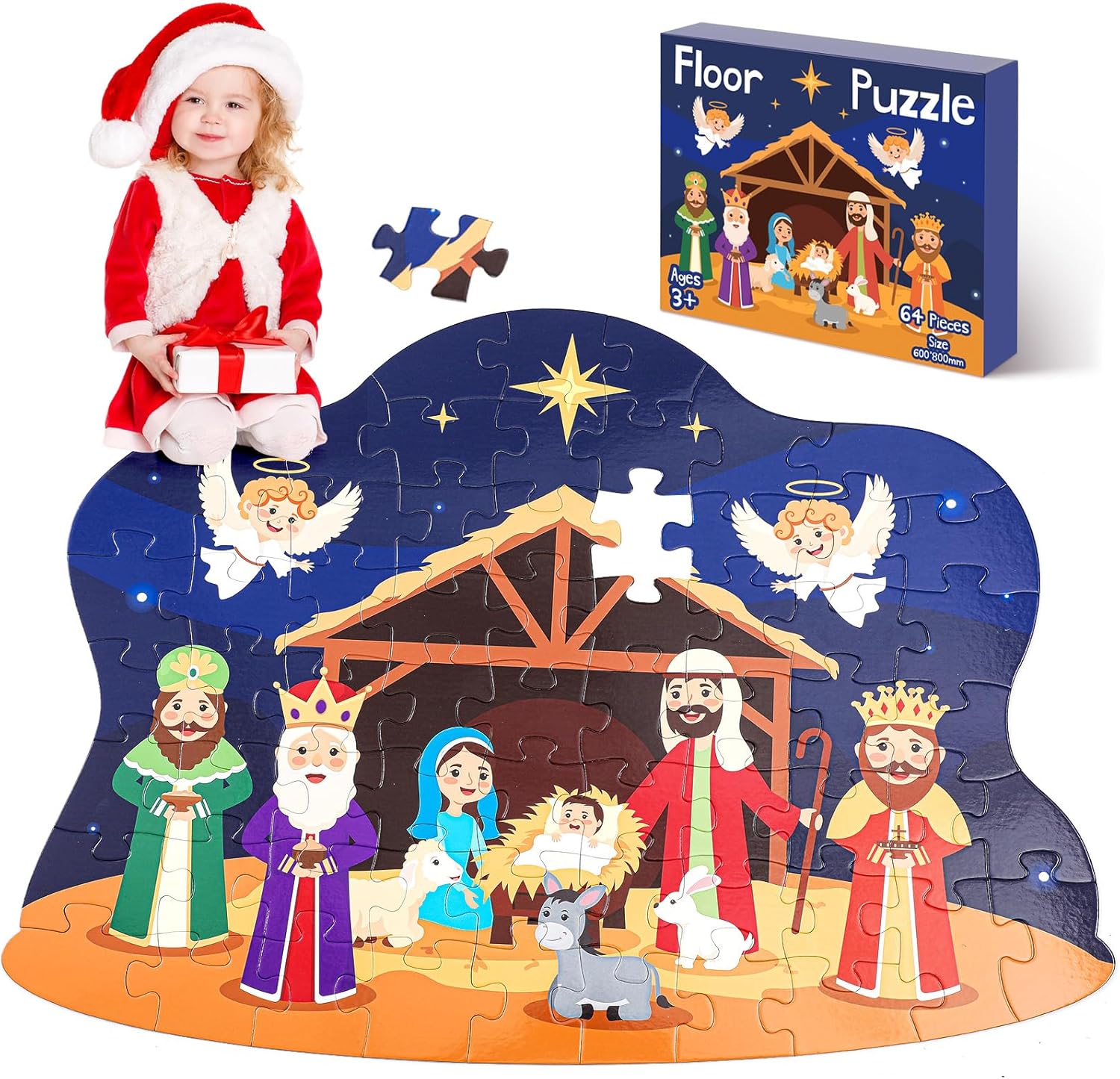 Juexica 64 Pieces Christmas Floor Puzzle with Nativity Scene Gift for Kids Ages 3-5, Jumbo 32 Inch Floor Puzzles Kids Christmas Puzzle Floor Puzzles Gifts for Age 4-8 Girls & Boys