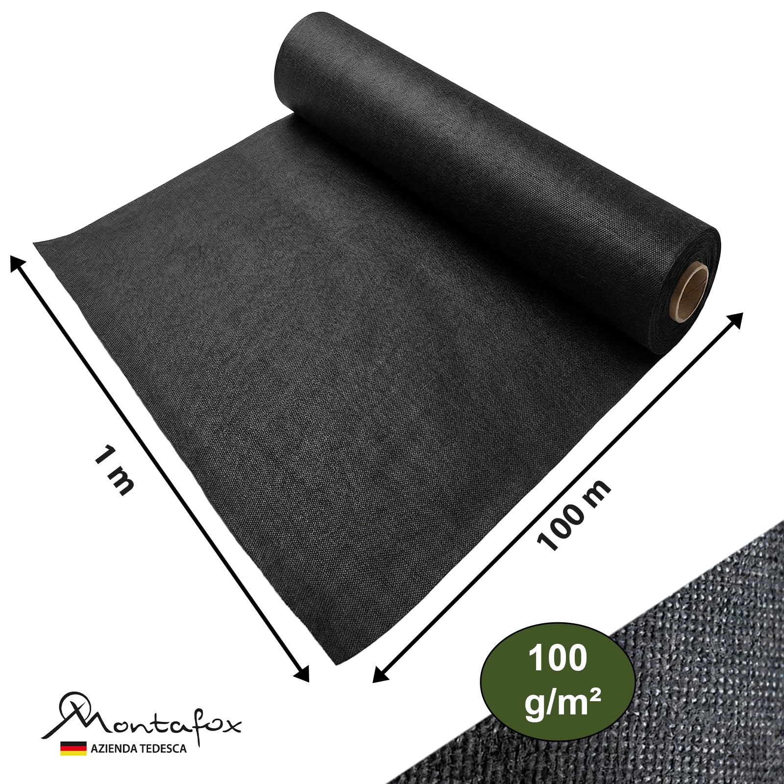 Montafox Telo Pacciamatura 100m² – 100g/m² permeabile all’Acqua 1 x 100m Arrotolato – Tessuto Non Tessuto antierbacce per Giardino, aiuole e Ghiaia