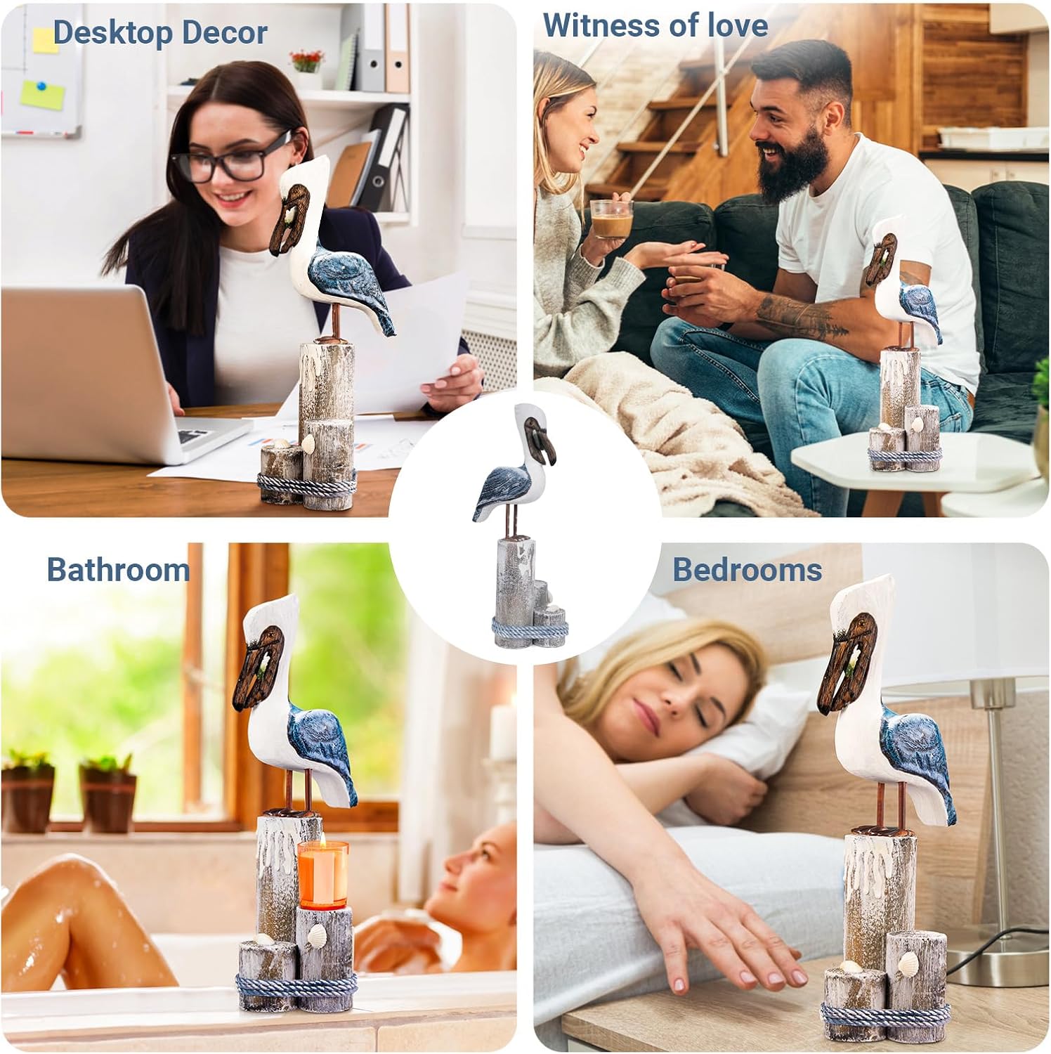 Nautical Pelicans Figurine-Beach Decor Wood Carving Art Coastal Bird Statue Home Ornaments Vintage Creative Indoor Decorations for Bathroom Office Dining Room