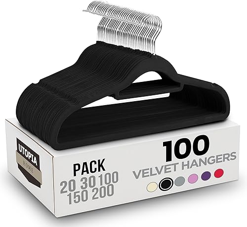 Utopia Home Premium Velvet Hangers 100 Pack - Non-Slip Clothes with Tie Bar - Black Hangers with 360 Degree Rotatable Hook - Heavy Duty for Coat
