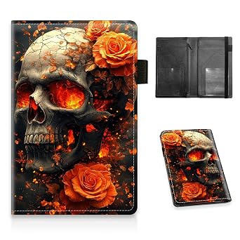 Server Book for Waitress with Zipper Pocket & Elastic Band, Multi-Pocket Waiter Wallet Guest Check Presenter, 5.5 x 9 Inch Stylish Organizer for Restaurant Server Apron, Fiery Skull Roses