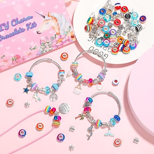 Miniatura 6 de Cludoo Kit de fabricación de pulseras de dijes para niñas, 90 piezas, kit de fabricación de joyas para niñas adolescentes, incluye cuentas de