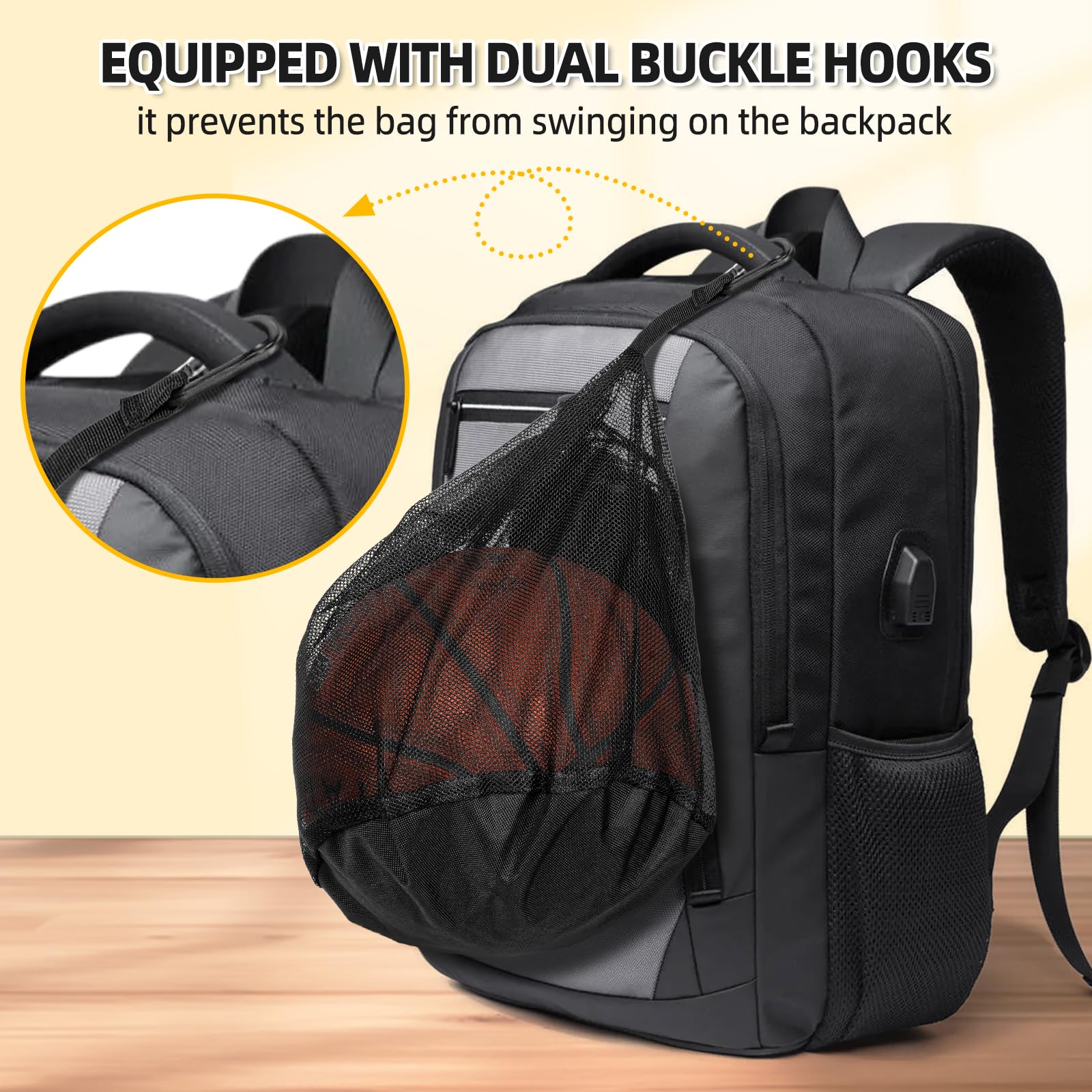 Windfromort Sacs Basketball 16L - Sac Ballon de Basket - Filet Pliable avec Poche Zippée et Mousqueton - Sac de Transport pour Basketball, Football