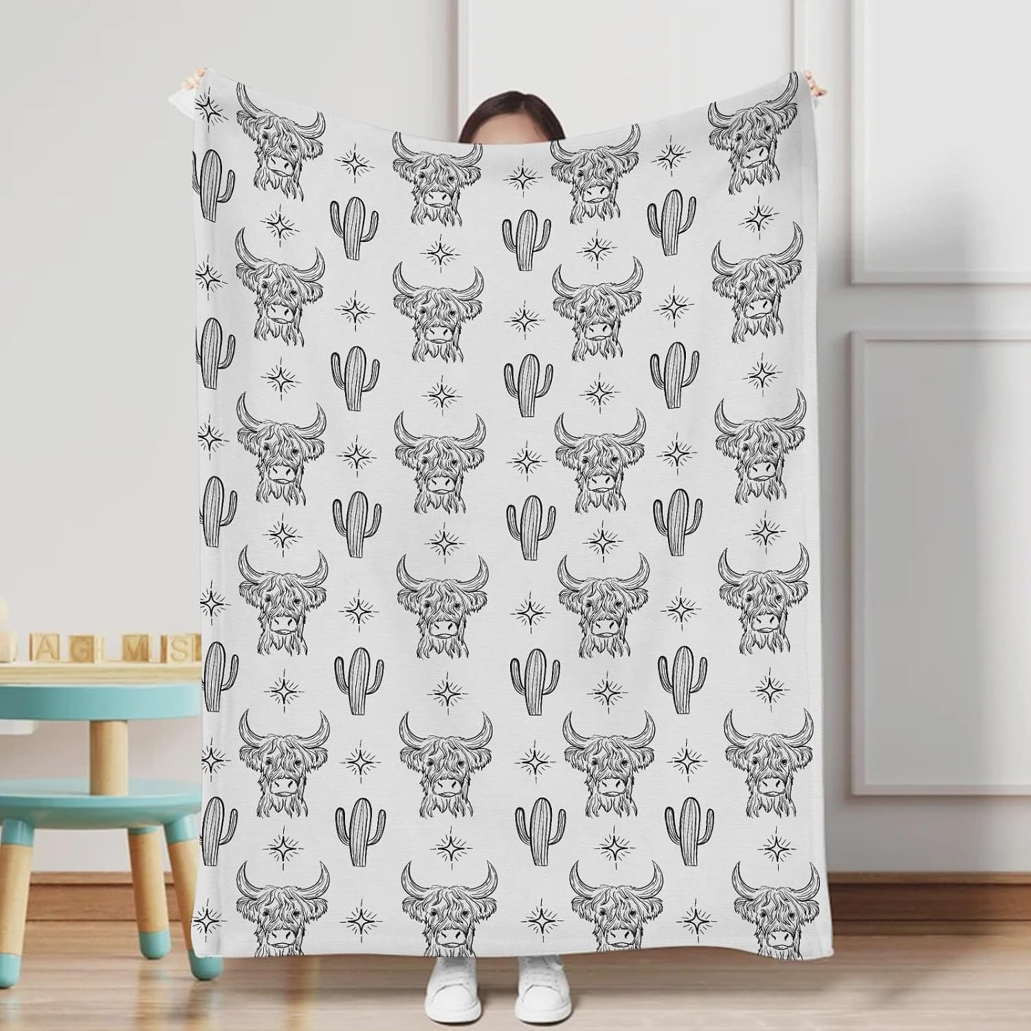 Western Highland Cows Baby Blanket Girl Boy Boho Cows Cactus Stars Swaddle Blanket Farm Boho Cattle Yak Highland Cow Soft Flannel Receiving Blankets Newborn Toddler Nursery Crib Bed Blankets 50x60