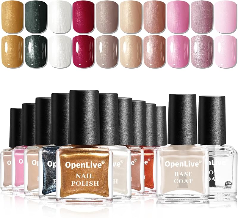 OpenLive Glitter Nail Polish Set, 10 Color With 2PCS Base and Top Coat Nail Polish