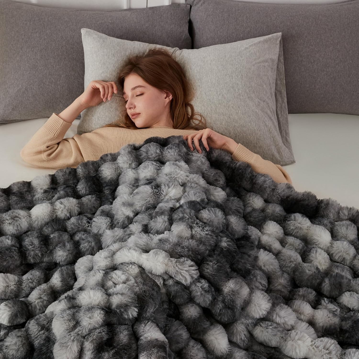 COOVA Faux Fur Throw Blanket for Couch, Cozy Soft and Fuzzy Plush Rabbit Fur Bubble Blanket for Sofa Bedroom Living Room, 60x80 Inches Tie Dye Light Grey - Image 3