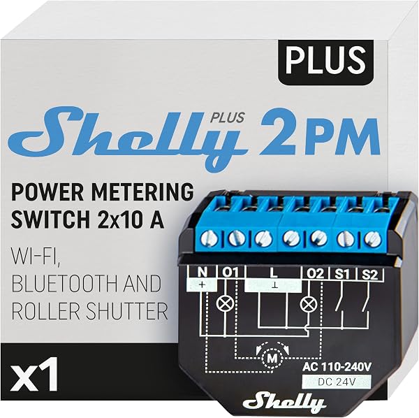 Shelly Plus 2PM interruttore Relè Wi-Fi a 2 canali, consente controllo di luci e interruttori o apertura e chiusura di tapparelle e misurazione della potenza rilevata, nero - 1