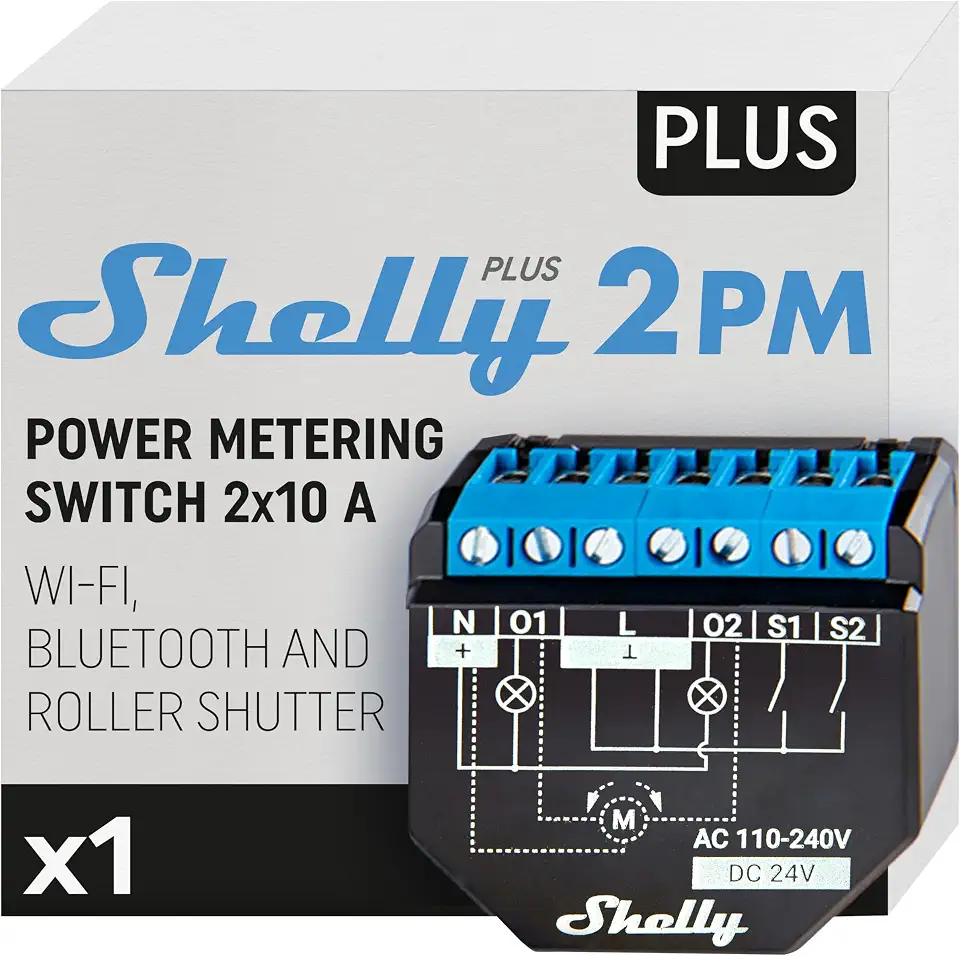 Shelly Plus 2PM, WiFi & Bluetooth 2 Channels Smart Relay Switch with Power Metering, Home Automation, Roller Shutters, Remote Control, Alexa & Google Home, iOS Android App