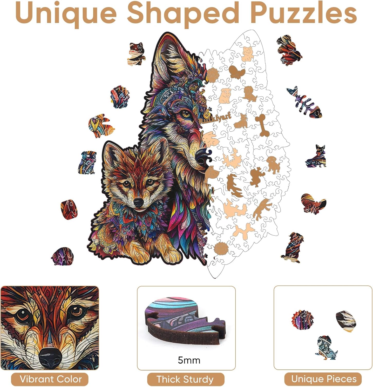 Ruikiyart Wolf Wooden Puzzles for Adults, 200 Pieces Wolf Cub Wood Jigsaw Puzzle, Animal Unique Shaped Brain Teaser Puzzles Birthday Gifts for Kids (9.8"*12")