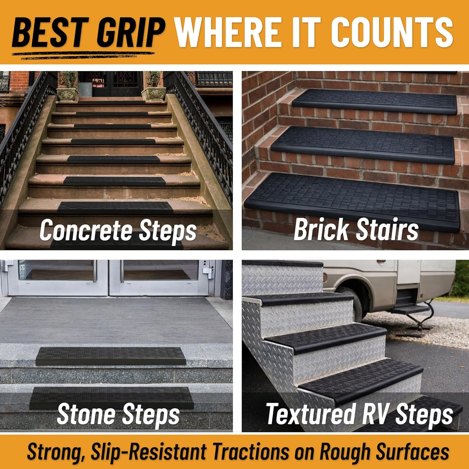 Sweet Home Stores Rubber Collection Rubber Collection Non-Slip Bullnose Design Stair Treads, 10" X 30", 5 Pack, Black