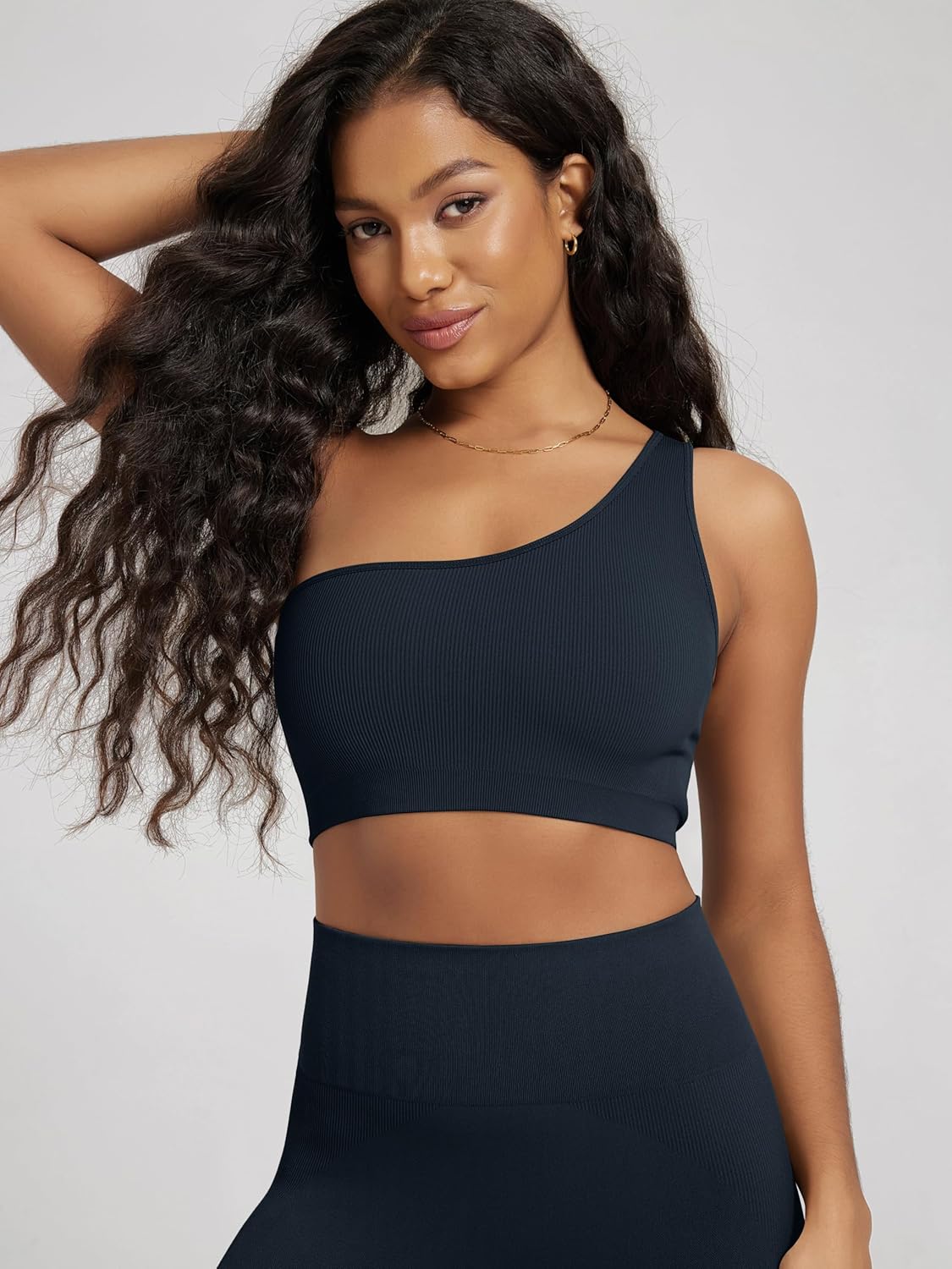 ODODOS Seamless One Shoulder Sports Bra for Women Ribbed Asymmetrical Non Padded Yoga Crop Tank Tops - Image 4