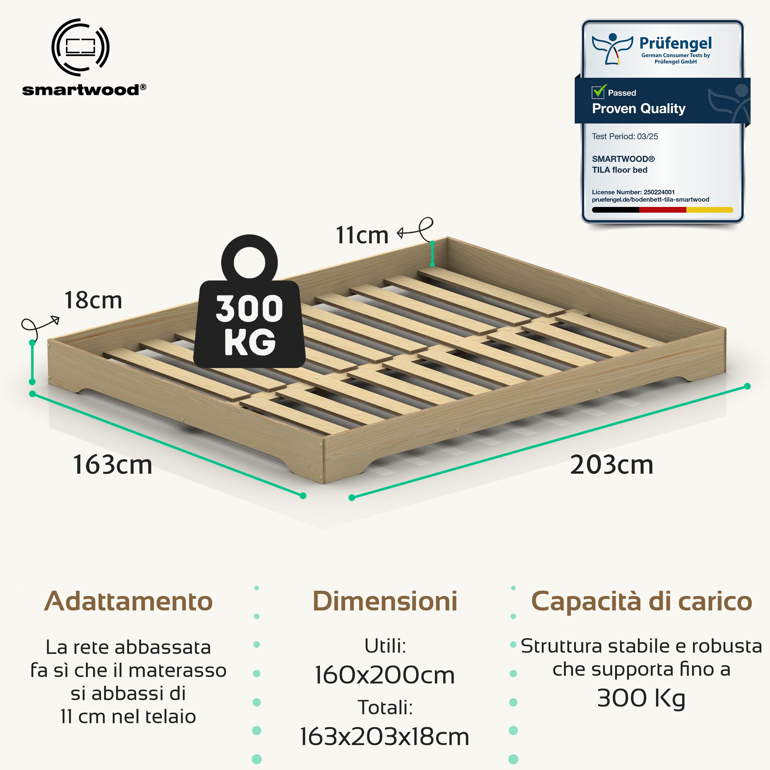 smartwood Struttura Letto Matrimoniale 160x200 cm con Rete e Materasso - Letto in legno di pino FSC portata fino a 300 kg - Giroletto Matrimoniale durevole per adulti TILA 7