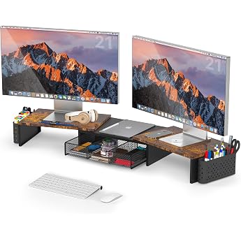 MOWETOO Dual Monitor Stand Wood with Drawer & 2 Pen Holders