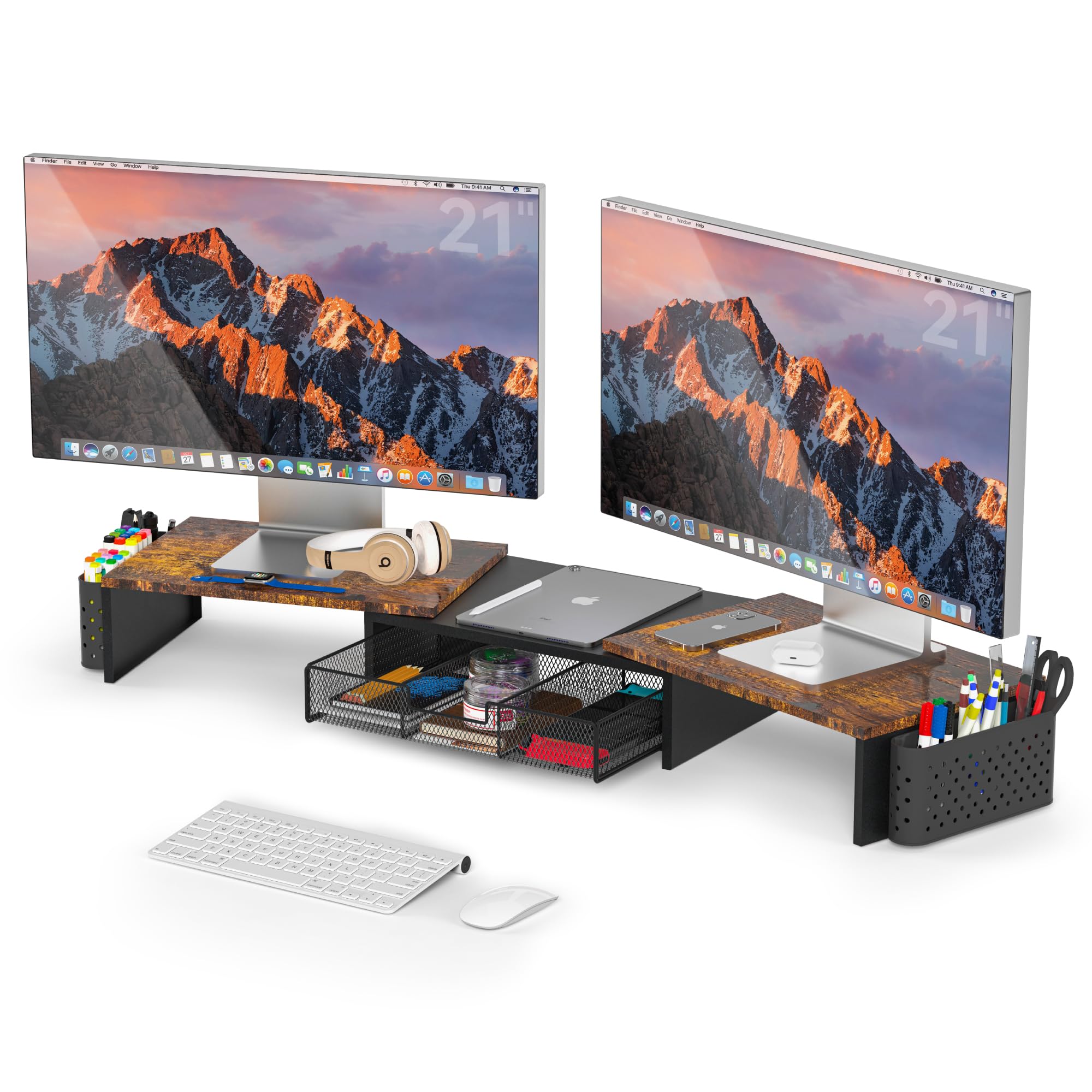 MOWETOO Support de Double Moniteur Réglable en Bois avec Tiroir et Porte-Stylos, Rangement Multifonction pour PC Portable, Ordinateur de Bureau et Imprimante