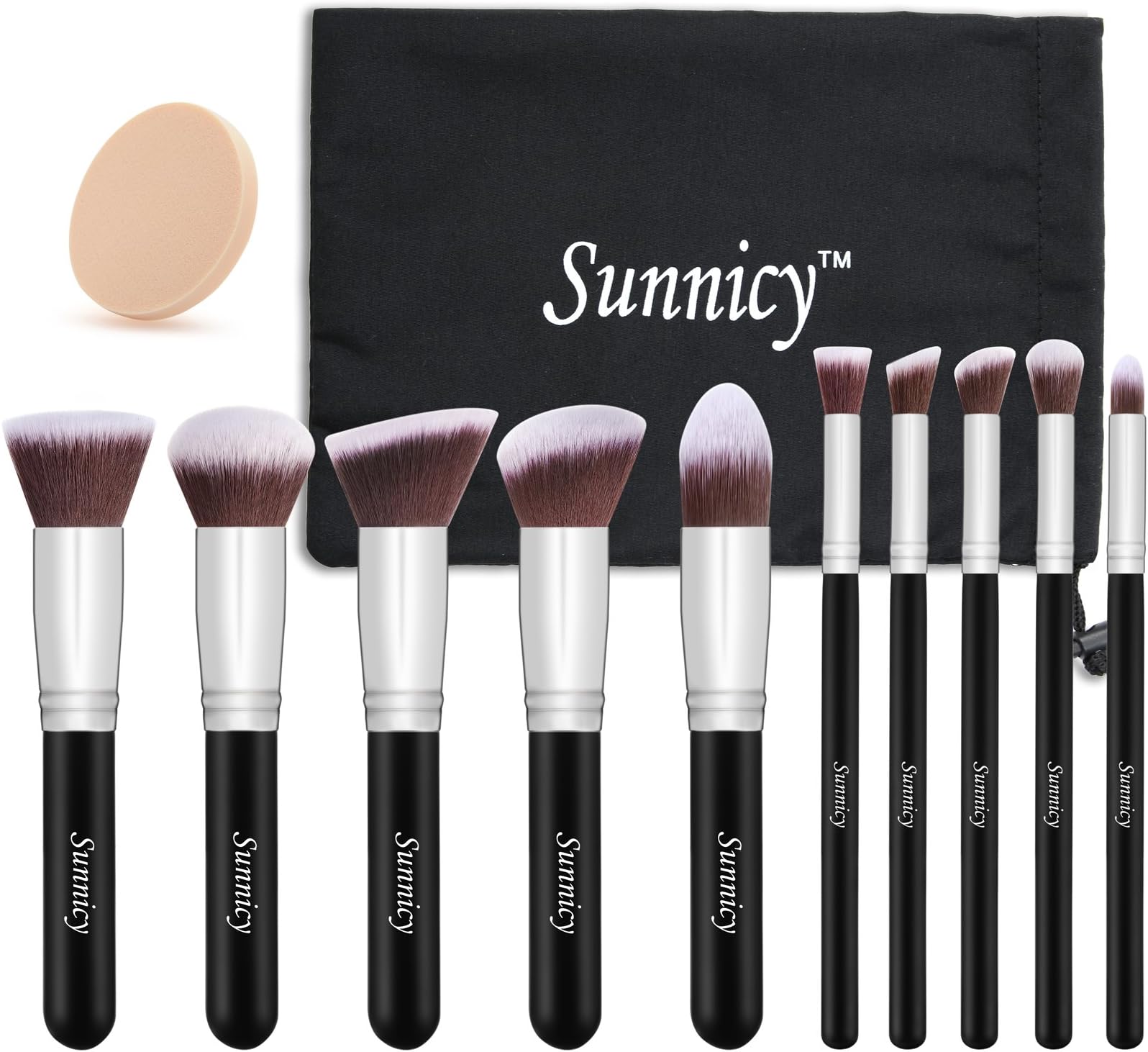 Sunnicy Makeup Brush 10 pcs Kabuki Makeup Brush Set Cosmetics Foundation Blending Liquid, Cream & Mineral Contouring Blush Eyeliner Face Powder Brush Makeup Brush Kit (Black + Silver Handle)