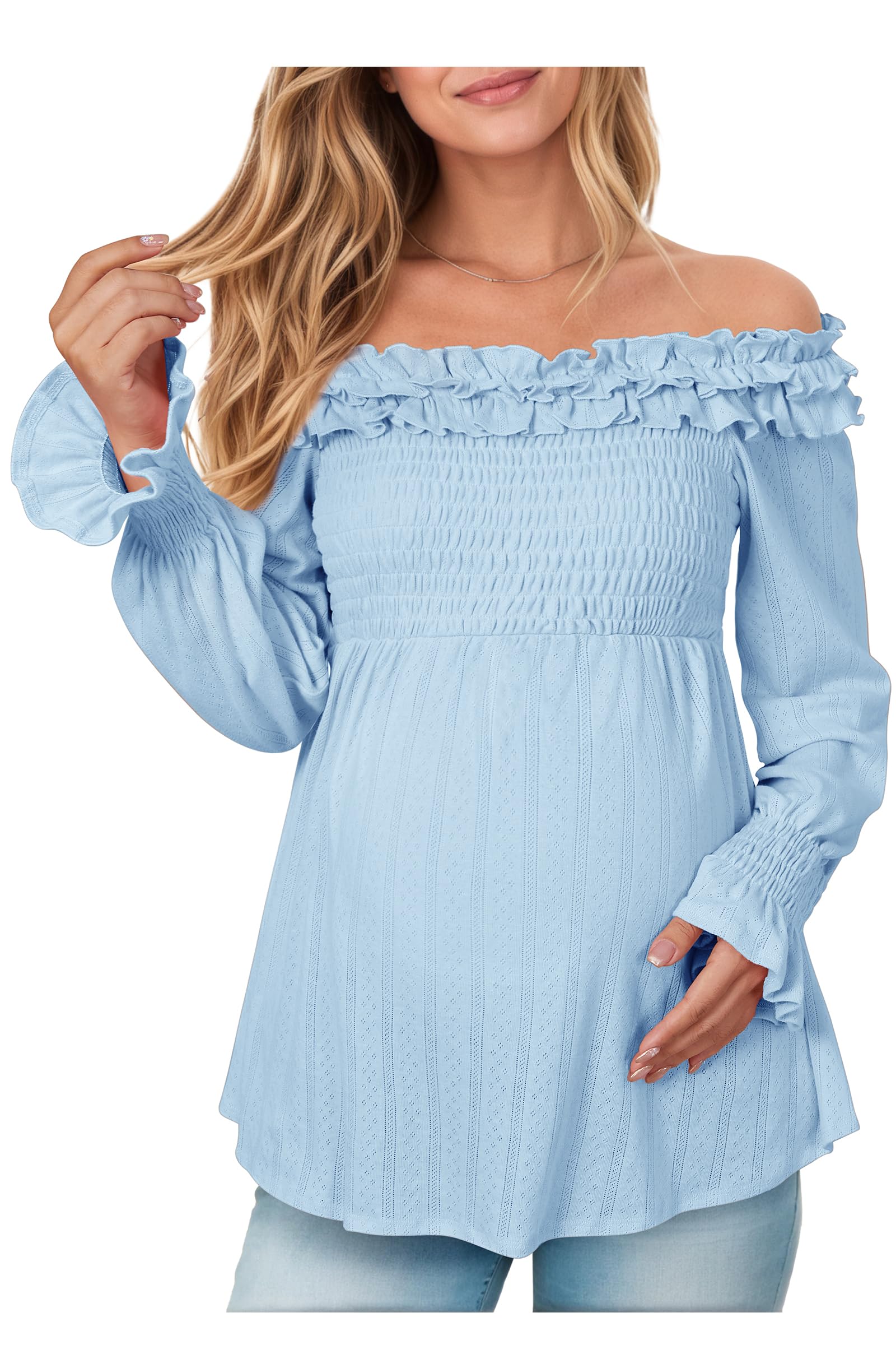 Photo 1 of OUGES Women's Maternity Tops Shirts Blouse Off The Shoulder Maternity Clothes Puff Long Sleeve Cotton Blend Stretchy Ruffle Smocked Going Out Elegant Fall Fashion 2025(Light Blue,XXL)