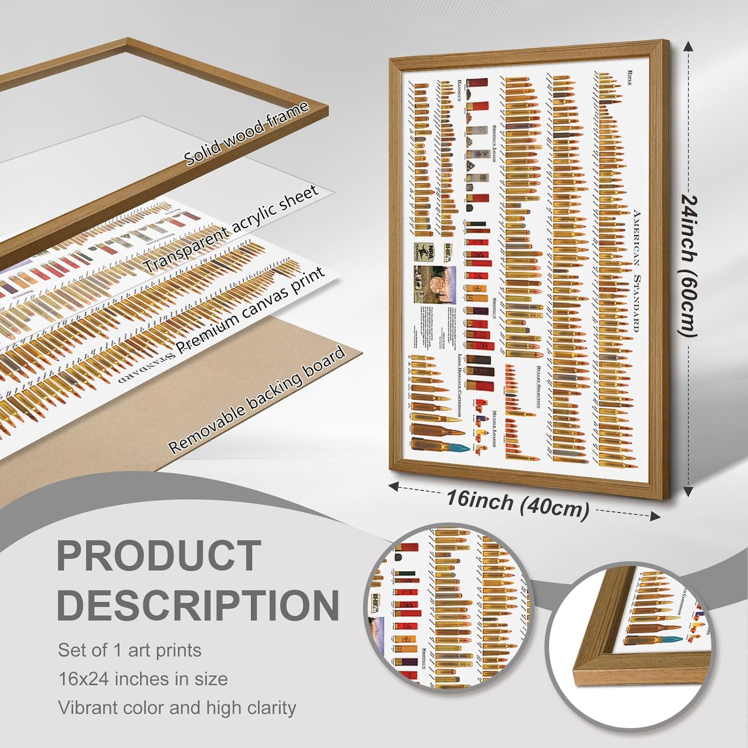 American Bullets Wall Art Bullet Chart Poster Canvas Art Prints for Home Room Decor 16x24 Inch Wood Framed Set of 1
