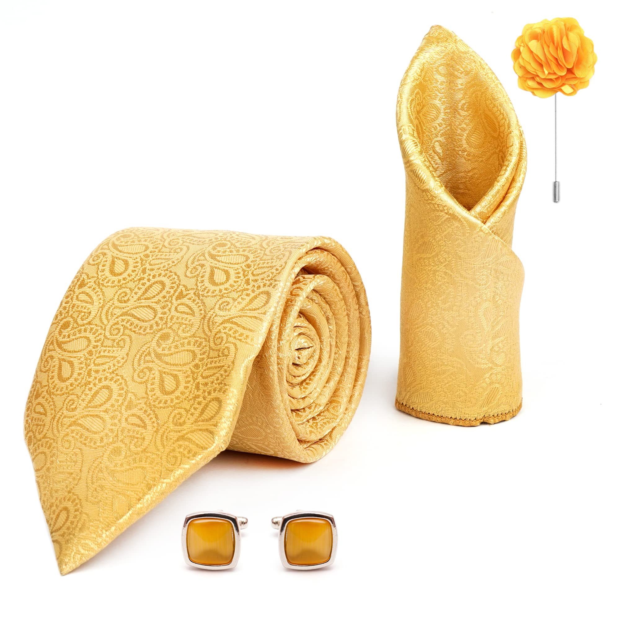 Mens Plaid Paisley Silk Necktie Gift Set With Pocket Square Cufflinks & Brooch Pin Formal Tie With Gift Box (Yellow JCYLRX Free Size)-image-7