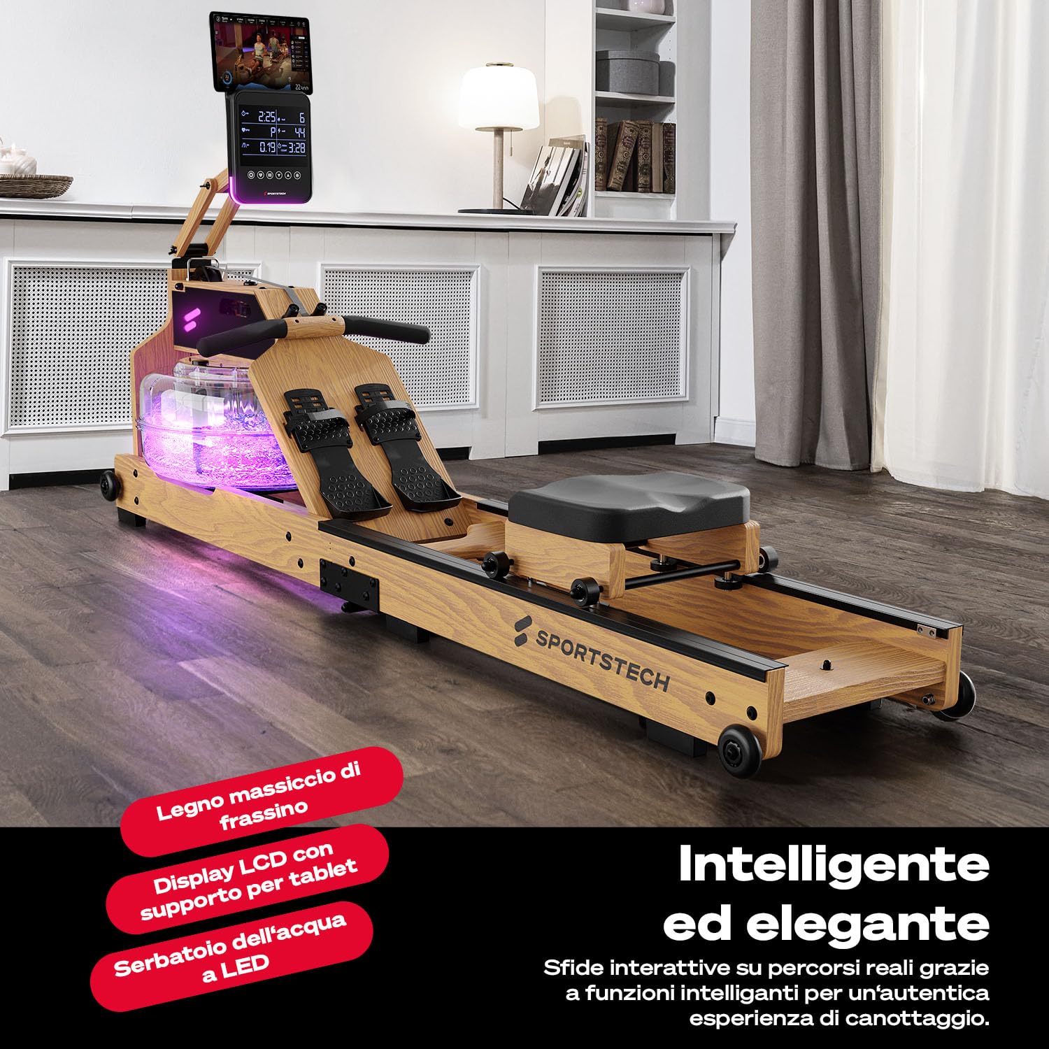 Sportstech - WRX1000 Water Vogatore, Vogatore Pieghevole per Casa, Premium Vogatore ad Acqua con Tecnologia Pulse Serbatoio dell'Acqua a 7 Zone LED e Display LCD